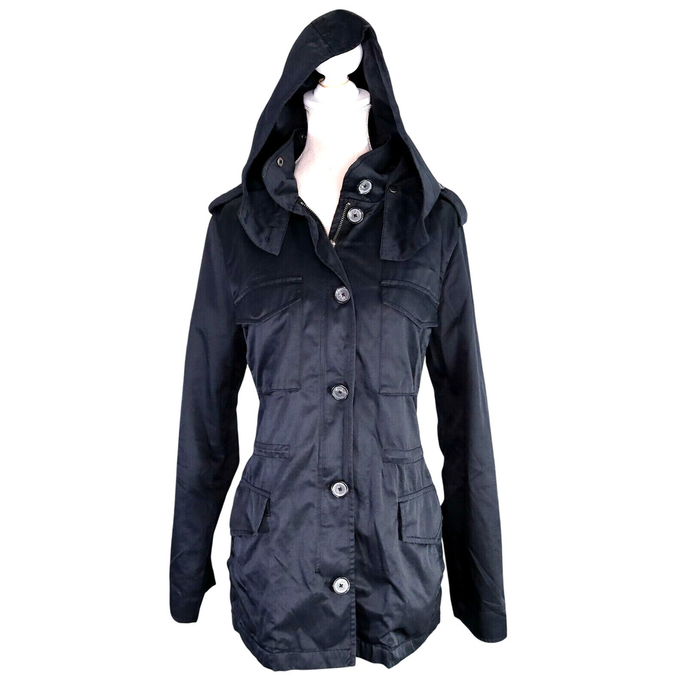 Joie Jacket Womens Small Black Cotton Hooded Zip Utility Cargo Lightweight Flaw